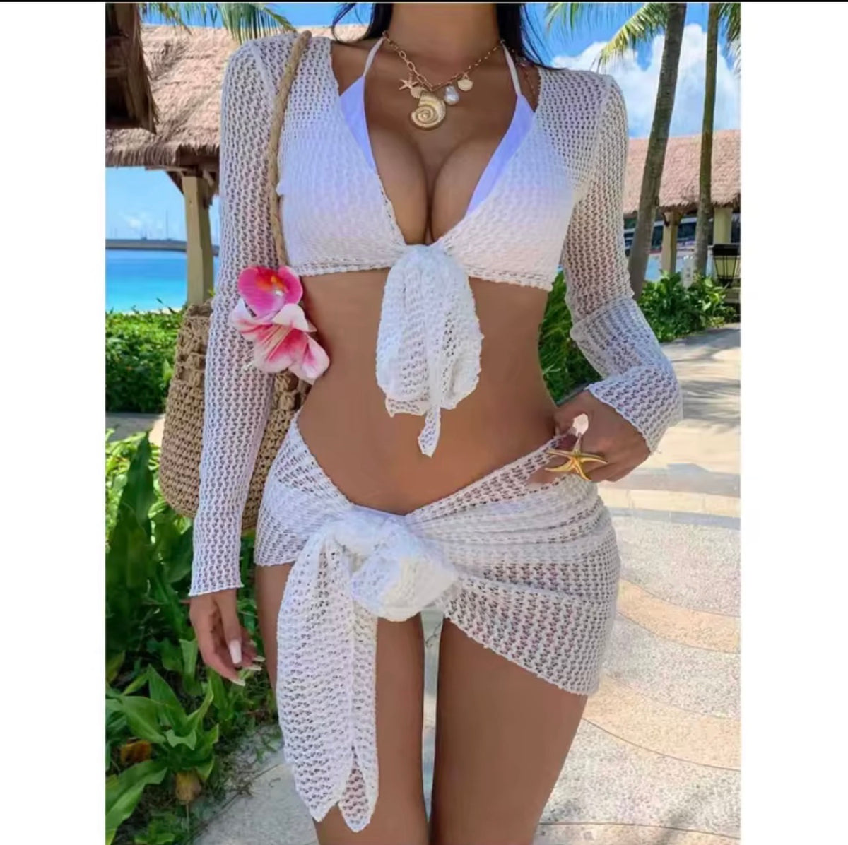 Mesh Long Sleeve 4-Piece Bikini Set with Tie Cover-Up Skirt
