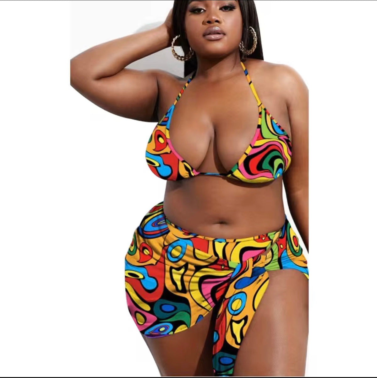 Plus Size Bold Print 3-Piece Bikini Set with Cover-Up