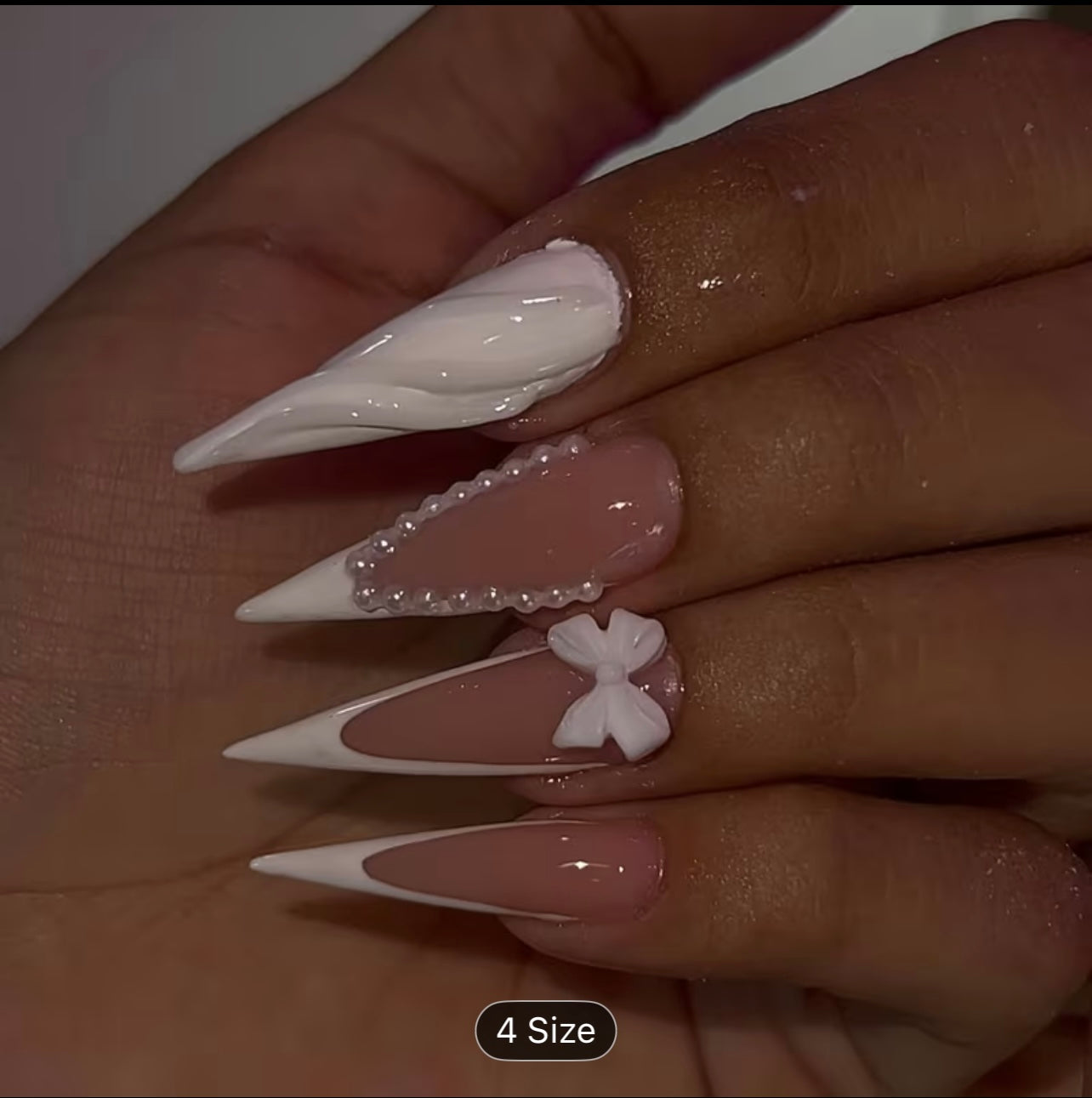 Blush Bow French Stiletto – Handmade Reusable Acrylic Nails