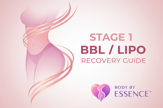 Stage 1 BBL and liposuction recovery guide with pink waist silhouette and Body By Essence branding