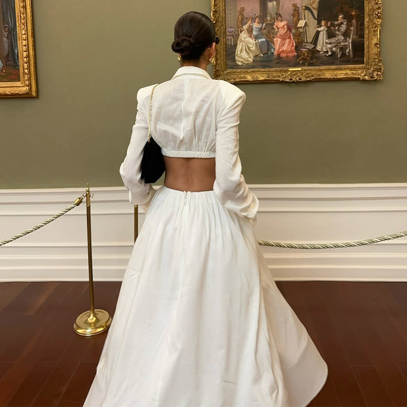 Solid-color Long-sleeve Backless Top And Bodycon Maxi Skirt Set