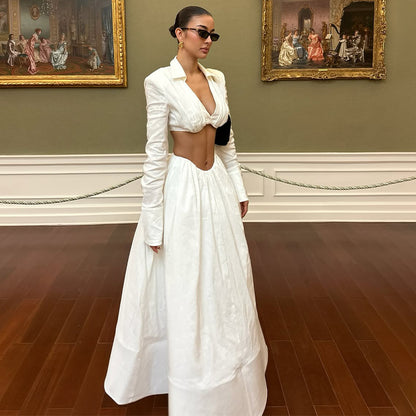 Solid-color Long-sleeve Backless Top And Bodycon Maxi Skirt Set