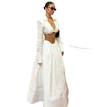 Solid-color Long-sleeve Backless Top And Bodycon Maxi Skirt Set