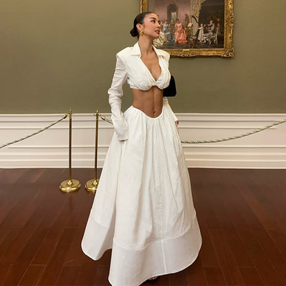 Solid-color Long-sleeve Backless Top And Bodycon Maxi Skirt Set