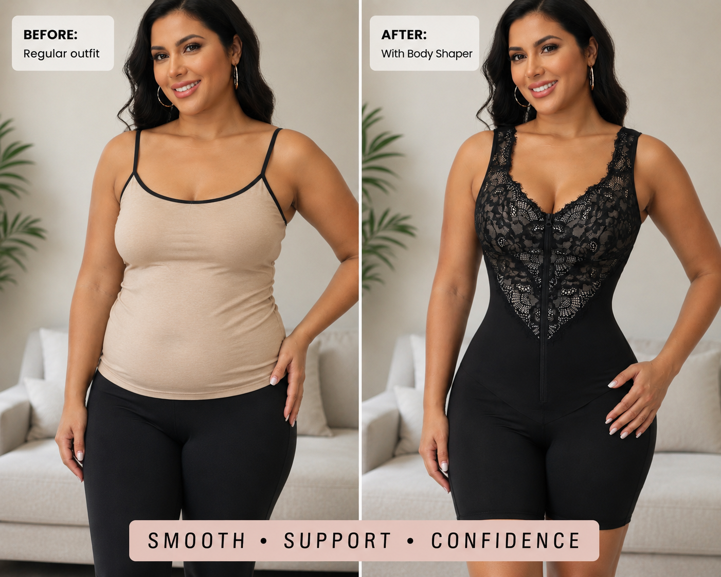 Lace Deep V Zipper Closure Tummy Control Body Shaper