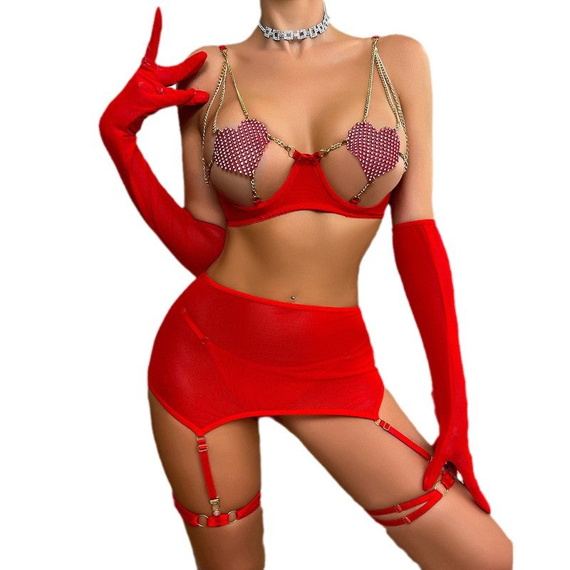 Sexy Mesh Ultra-Short Skirt with Garter Belt Set, Lingerie Costume Lingerie Set