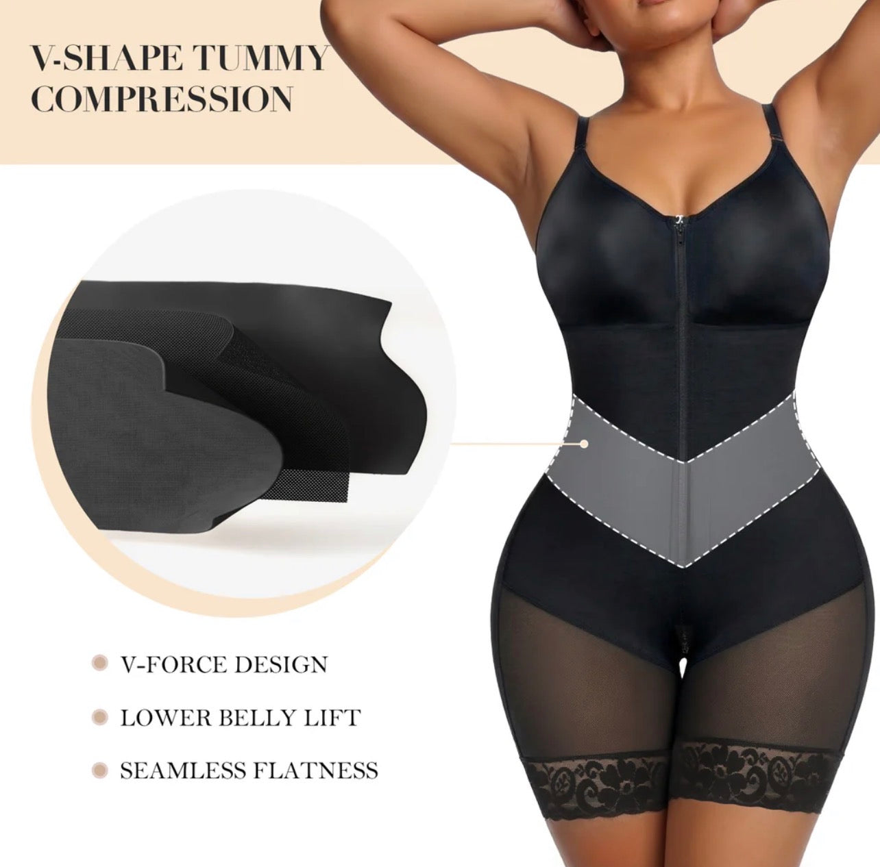 BODY BY ESSENCE™ V-Shaped Colombian Shapewear Postpartum Tummy Control Butt Lifter Full Body Shaper Compression Faja With Zipper Crotch