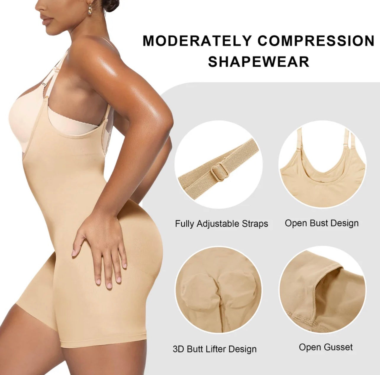Body By Essence™ Open Bust Mid-Thigh Shapewear Bodysuit – Tummy Control Full Body Shaper for Women