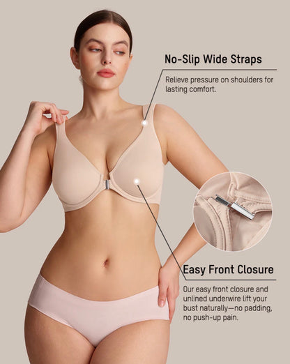Body By Essence™ Front Closure Back Support Bra – Wireless Lift & Smoothing Everyday Comfort Bra