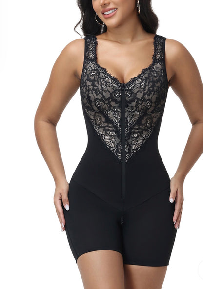 Lace Deep V Zipper Closure Tummy Control Body Shaper