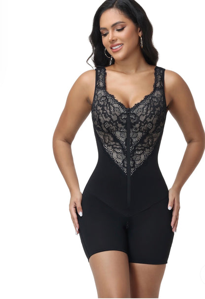 Lace Deep V Zipper Closure Tummy Control Body Shaper