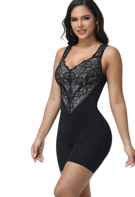 Lace Deep V Zipper Closure Tummy Control Body Shaper