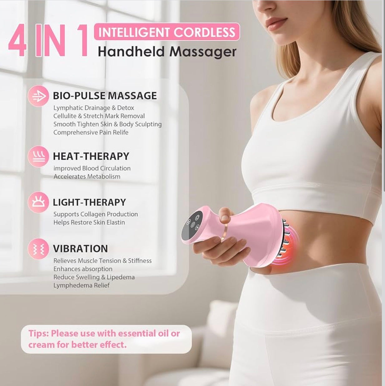Body By Essence™ 4-in-1 Electric Lymphatic Body Massager – Pink Red Light Body Sculpting Tool for Massage, Circulation & Self-Care