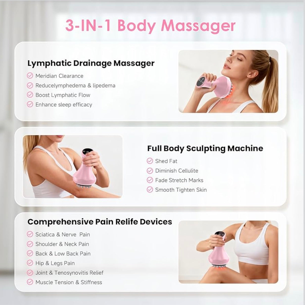Body By Essence™ 4-in-1 Electric Lymphatic Body Massager – Pink Red Light Body Sculpting Tool for Massage, Circulation & Self-Care