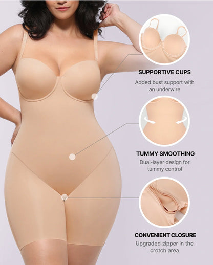 Body By Essence Strapless Sculpting Mid-Thigh Bodysuit | Seamless Tummy Control Shapewear with Built-In Bra Support