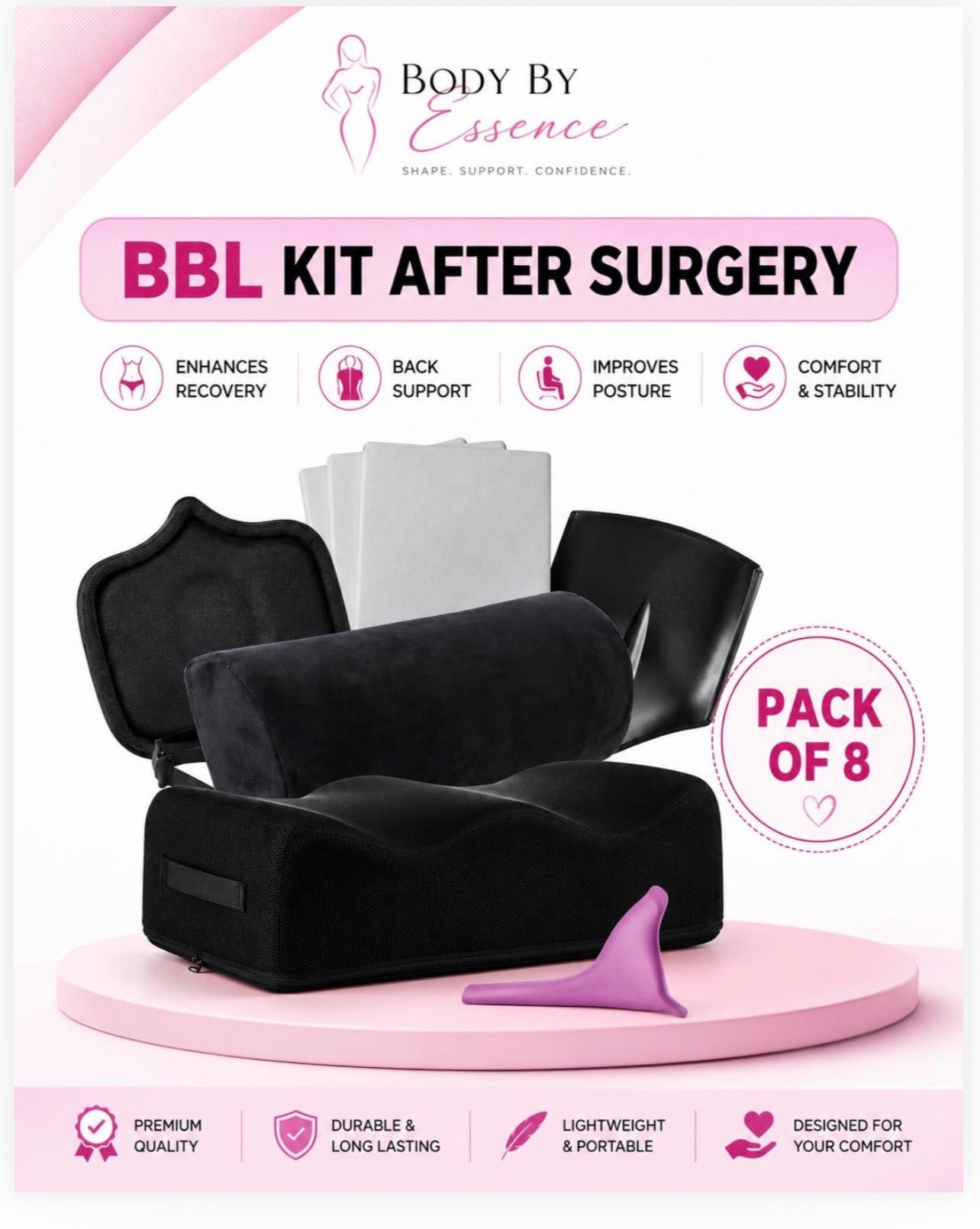 Body By Essence™ 8-Piece BBL Recovery Kit – BBL Pillow, Ab Board, Side Foams, Lumbar Support & Post Surgery Essentials