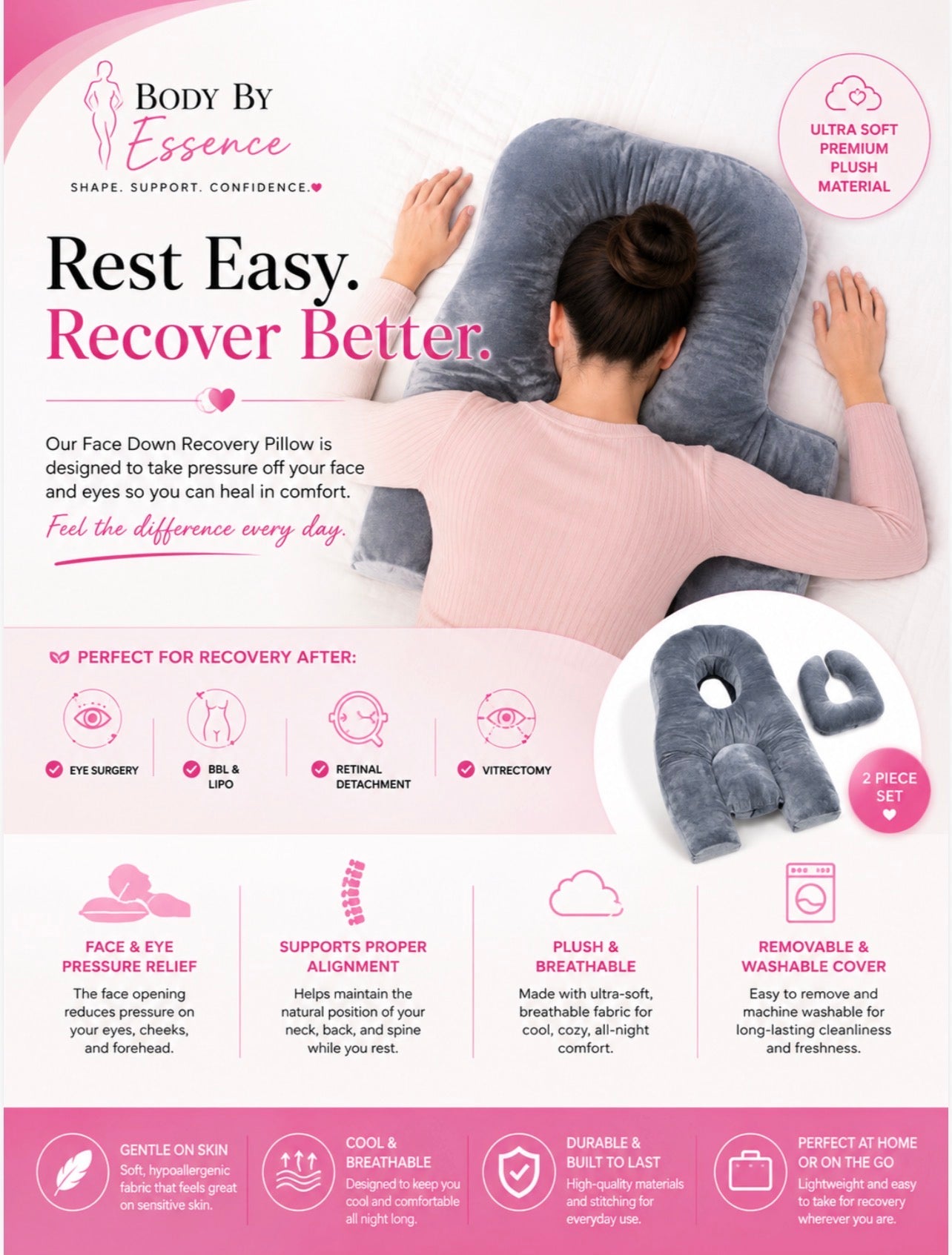 Body By Essence™ Full Body Comfort Pillow Set – 3-Piece Plush Face-Down Support Pillow for Sleep, Massage, Recovery & Relaxation
