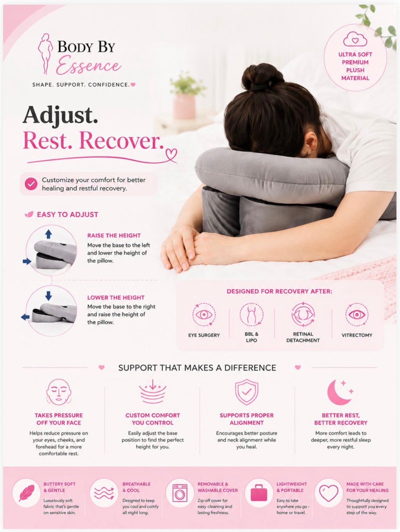 Body By Essence™ Full Body Comfort Pillow Set – 3-Piece Plush Face-Down Support Pillow for Sleep, Massage, Recovery & Relaxation