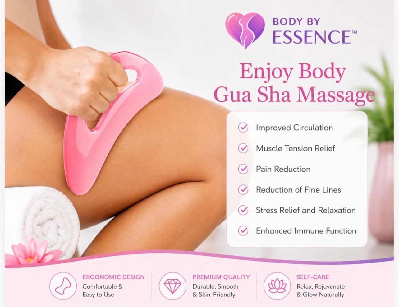Body By Essence™ Body Gua Sha Massage Tool – Pink Sculpting Tool for Lymphatic Massage, Circulation & Self-Care
