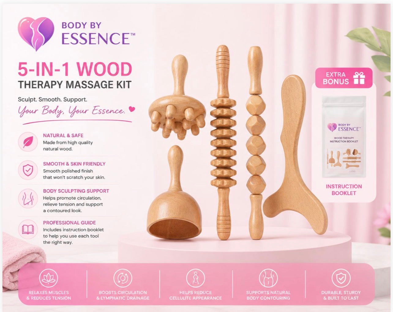 Body By Essence™ 5-in-1 Wood Therapy Massage Kit – Natural Body Sculpting Tools for Lymphatic Massage, Circulation & Self-Care