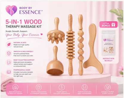 Body By Essence™ 5-in-1 Wood Therapy Massage Kit – Natural Body Sculpting Tools for Lymphatic Massage, Circulation & Self-Care