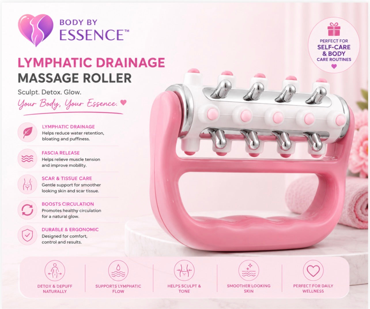 Body By Essence™  Lymphatic Massage Roller – Pink Handheld Body Sculpting Roller for Circulation, Muscle Tension & Self-Care