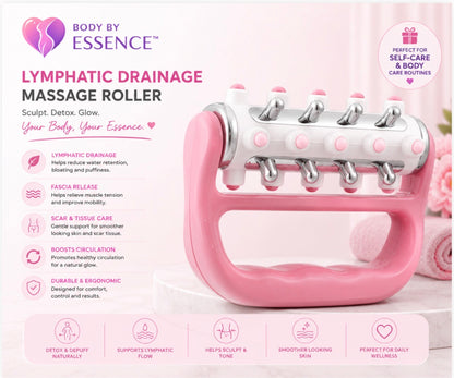 Body By Essence™  Lymphatic Massage Roller – Pink Handheld Body Sculpting Roller for Circulation, Muscle Tension & Self-Care