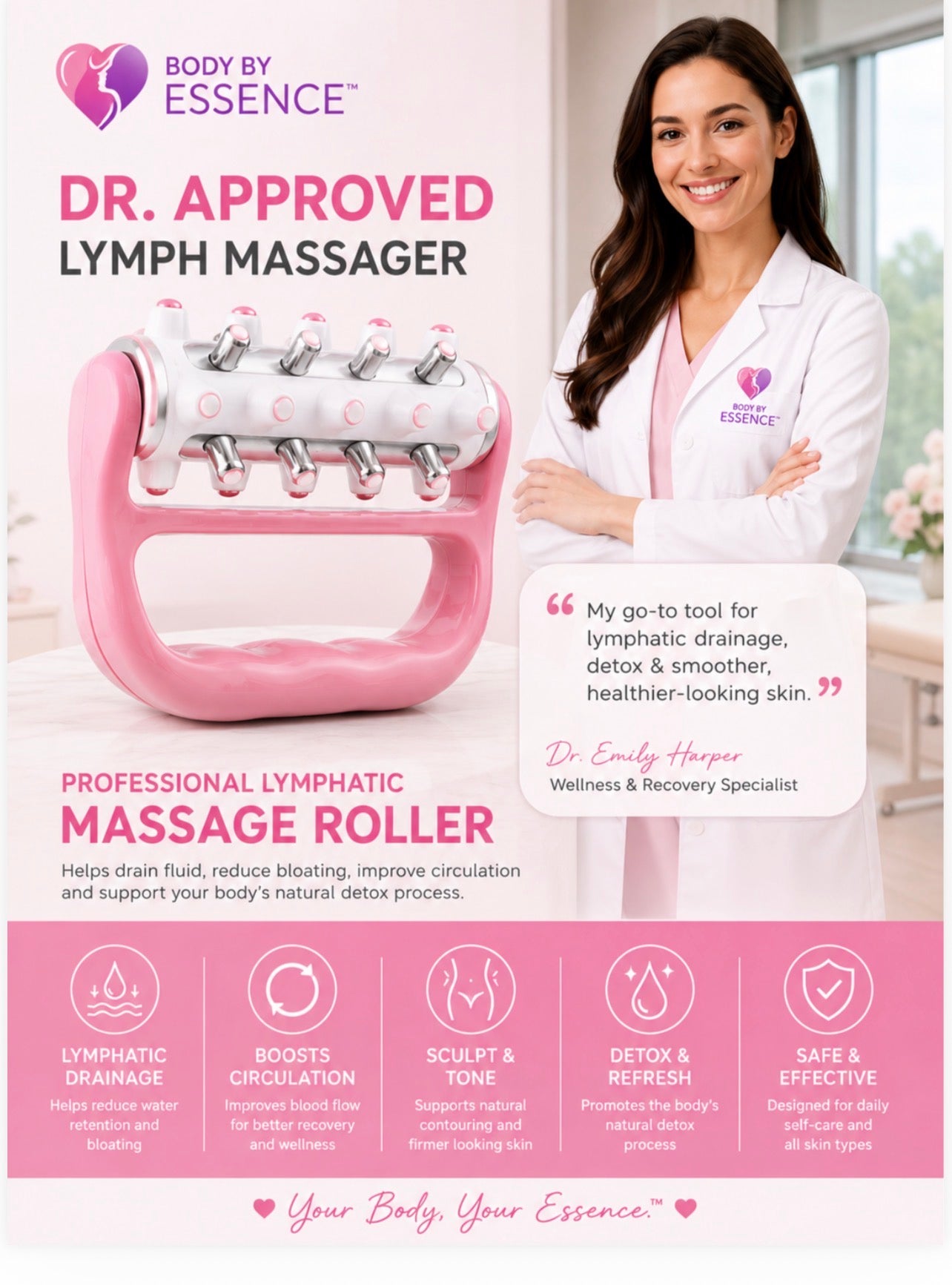 Body By Essence™  Lymphatic Massage Roller – Pink Handheld Body Sculpting Roller for Circulation, Muscle Tension & Self-Care