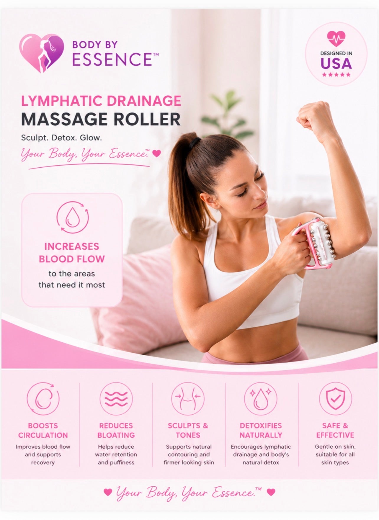 Body By Essence™  Lymphatic Massage Roller – Pink Handheld Body Sculpting Roller for Circulation, Muscle Tension & Self-Care