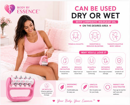 Body By Essence™  Lymphatic Massage Roller – Pink Handheld Body Sculpting Roller for Circulation, Muscle Tension & Self-Care