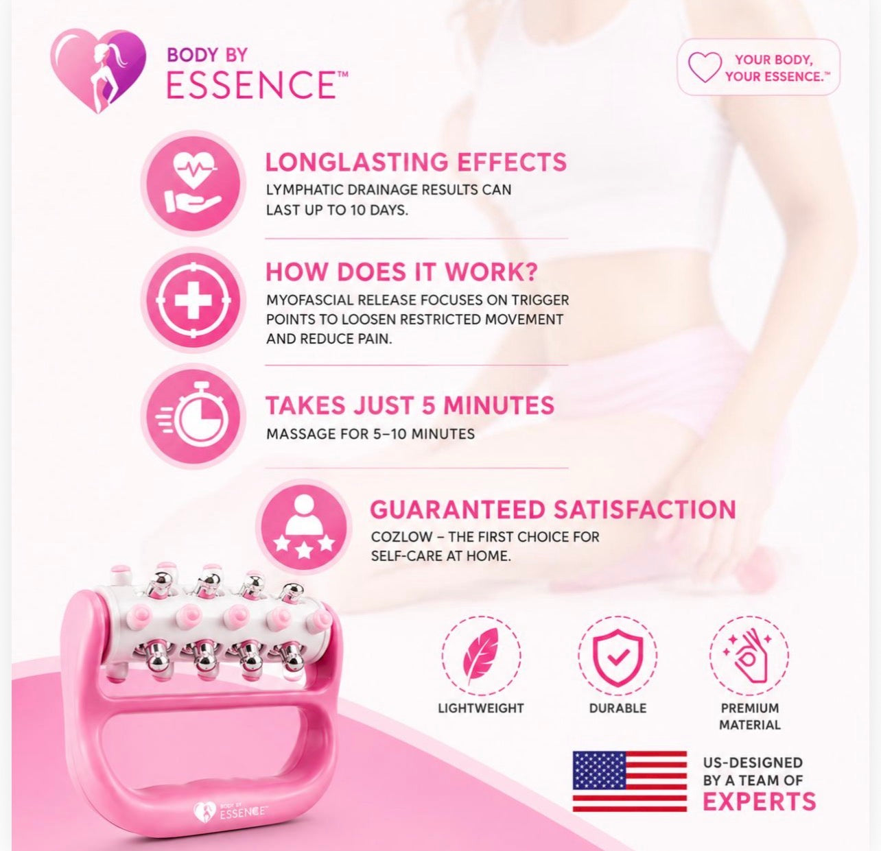 Body By Essence™  Lymphatic Massage Roller – Pink Handheld Body Sculpting Roller for Circulation, Muscle Tension & Self-Care