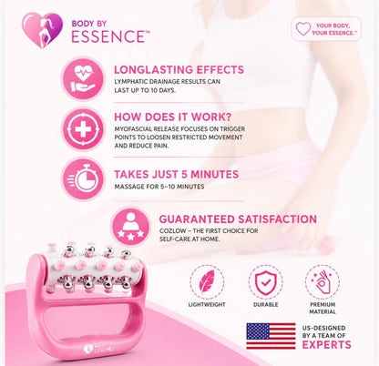 Body By Essence™  Lymphatic Massage Roller – Pink Handheld Body Sculpting Roller for Circulation, Muscle Tension & Self-Care