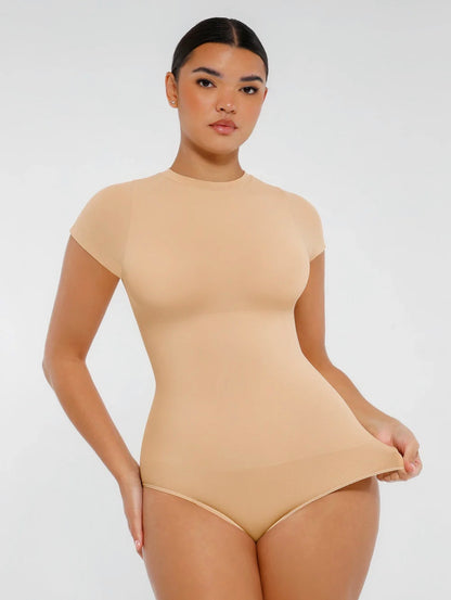Body By Essence™ Seamless Short Sleeve Sculpting Bodysuit – Crew Neck Tummy Control Shapewear Bodysuit