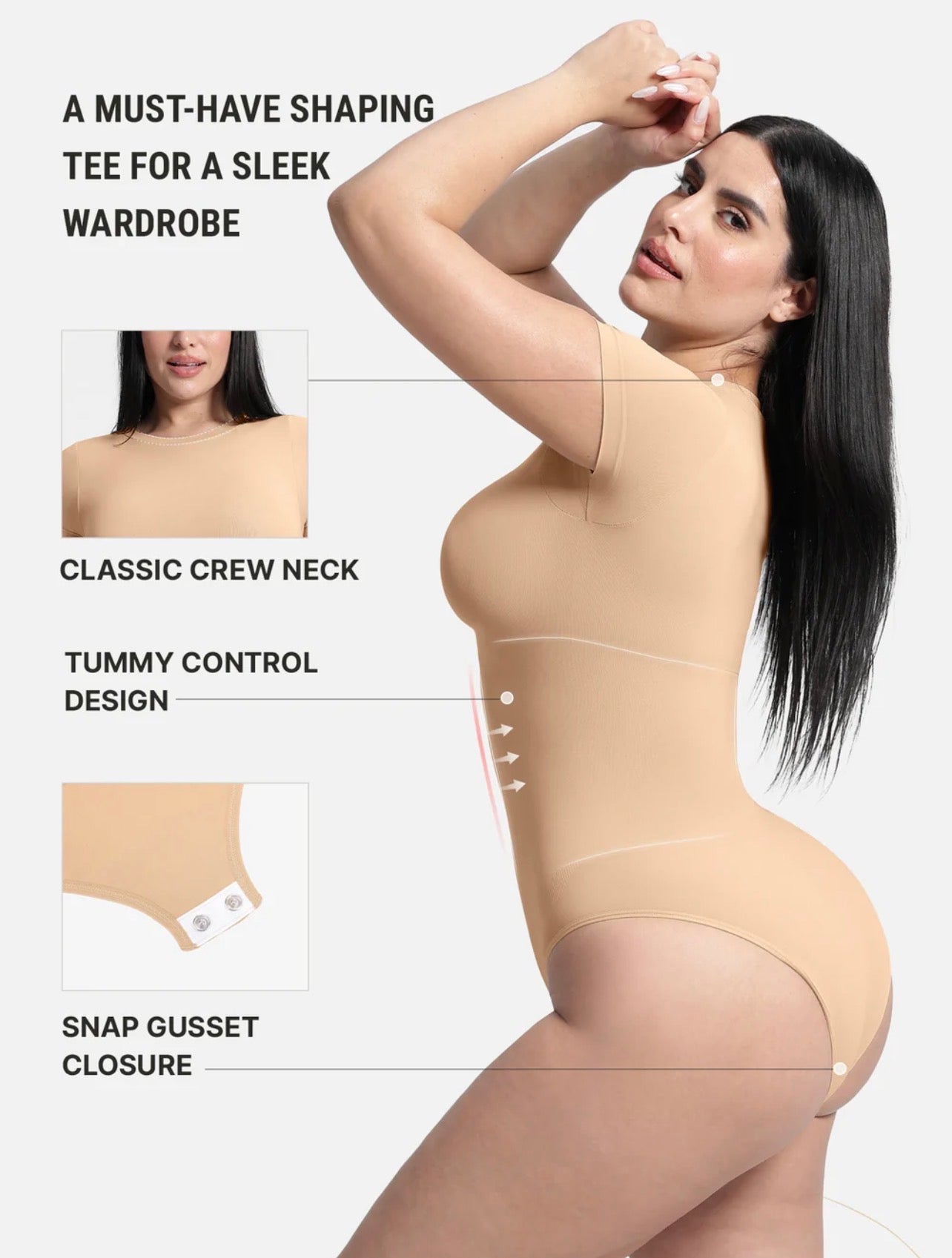 Body By Essence™ Seamless Short Sleeve Sculpting Bodysuit – Crew Neck Tummy Control Shapewear Bodysuit