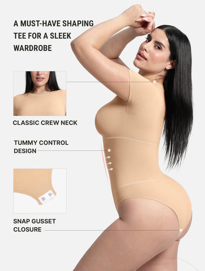 Body By Essence™ Seamless Short Sleeve Sculpting Bodysuit – Crew Neck Tummy Control Shapewear Bodysuit