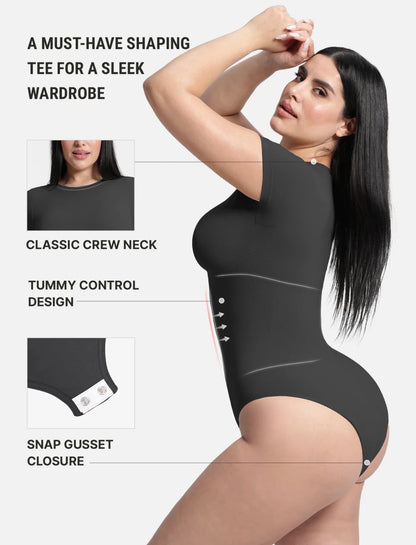 Body By Essence™ Seamless Short Sleeve Sculpting Bodysuit – Crew Neck Tummy Control Shapewear Bodysuit