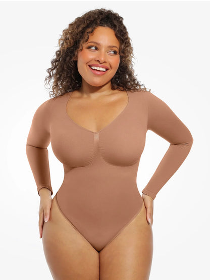 Body By Essence™ Seamless Long Sleeve Sculpting Bodysuit – V-Neck Tummy Control Shapewear Bodysuit