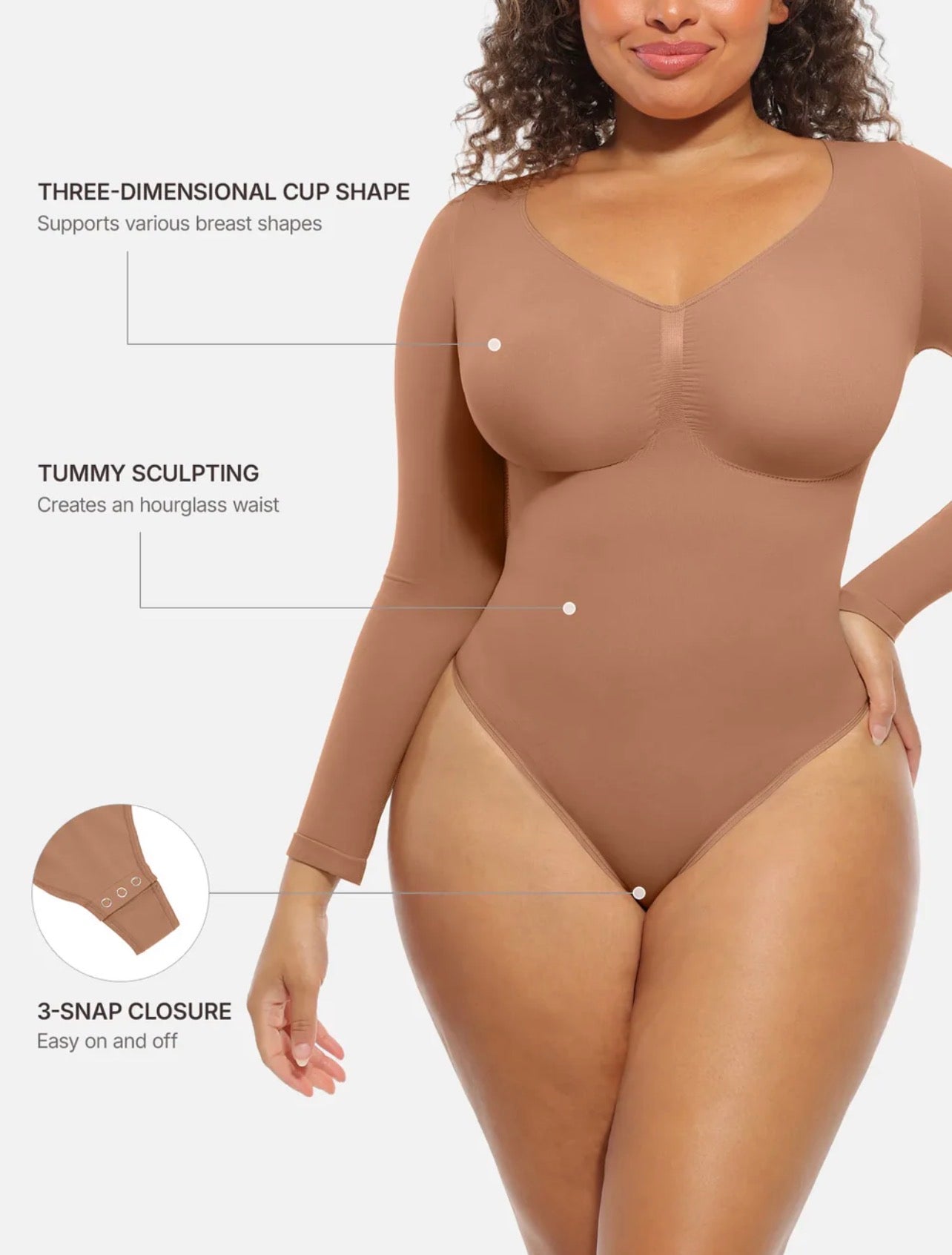 Body By Essence™ Seamless Long Sleeve Sculpting Bodysuit – V-Neck Tummy Control Shapewear Bodysuit