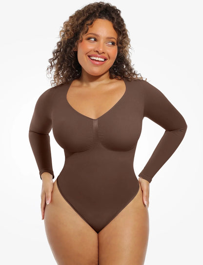 Body By Essence™ Seamless Long Sleeve Sculpting Bodysuit – V-Neck Tummy Control Shapewear Bodysuit