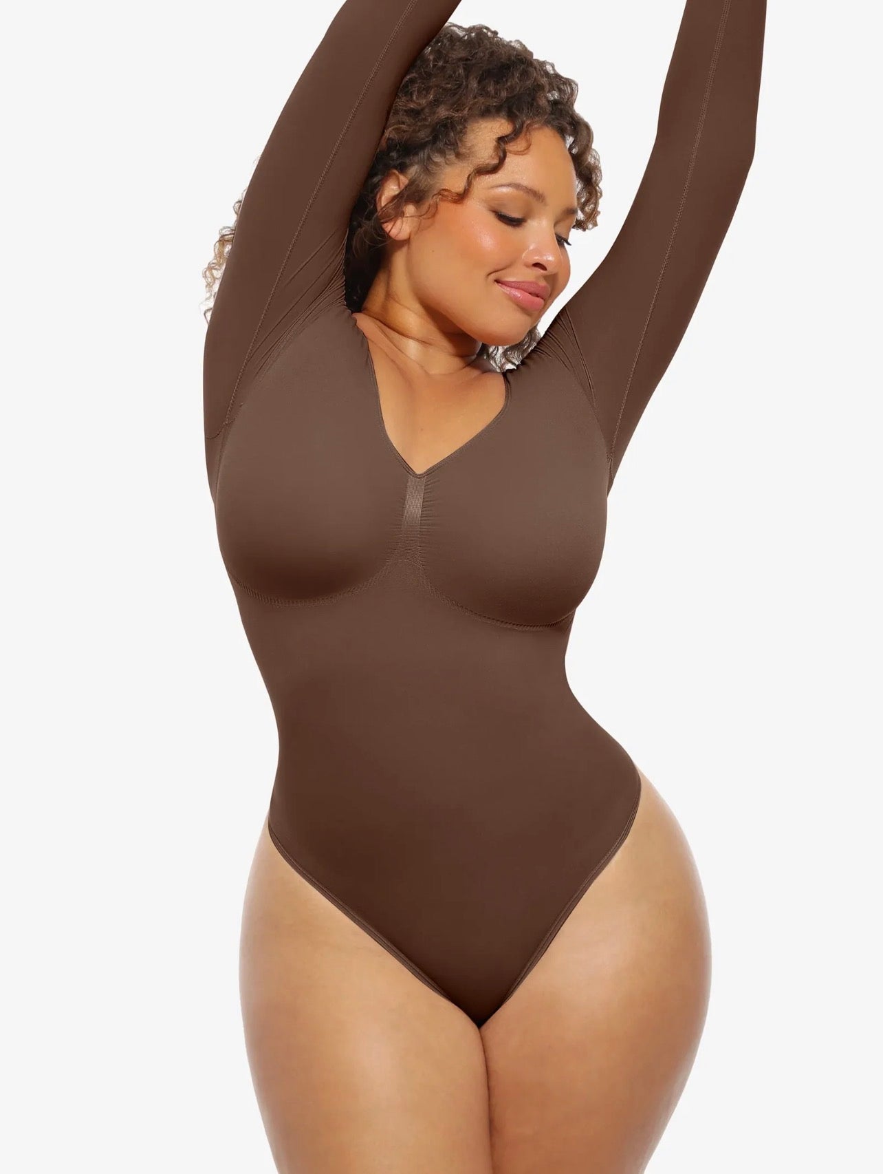 Body By Essence™ Seamless Long Sleeve Sculpting Bodysuit – V-Neck Tummy Control Shapewear Bodysuit