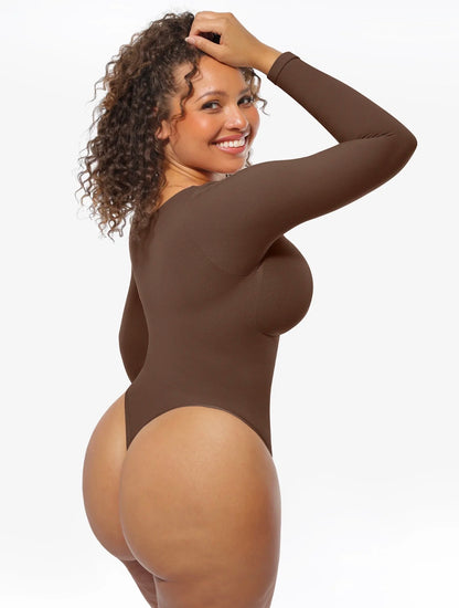 Body By Essence™ Seamless Long Sleeve Sculpting Bodysuit – V-Neck Tummy Control Shapewear Bodysuit