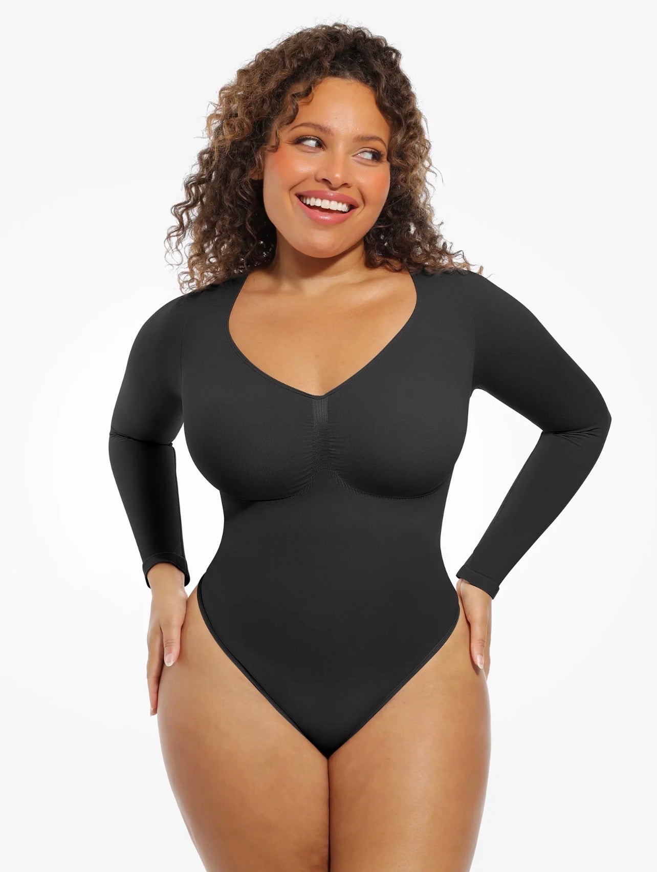 Body By Essence™ Seamless Long Sleeve Sculpting Bodysuit – V-Neck Tummy Control Shapewear Bodysuit