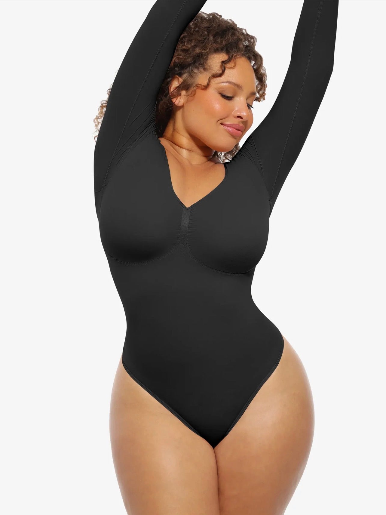 Body By Essence™ Seamless Long Sleeve Sculpting Bodysuit – V-Neck Tummy Control Shapewear Bodysuit