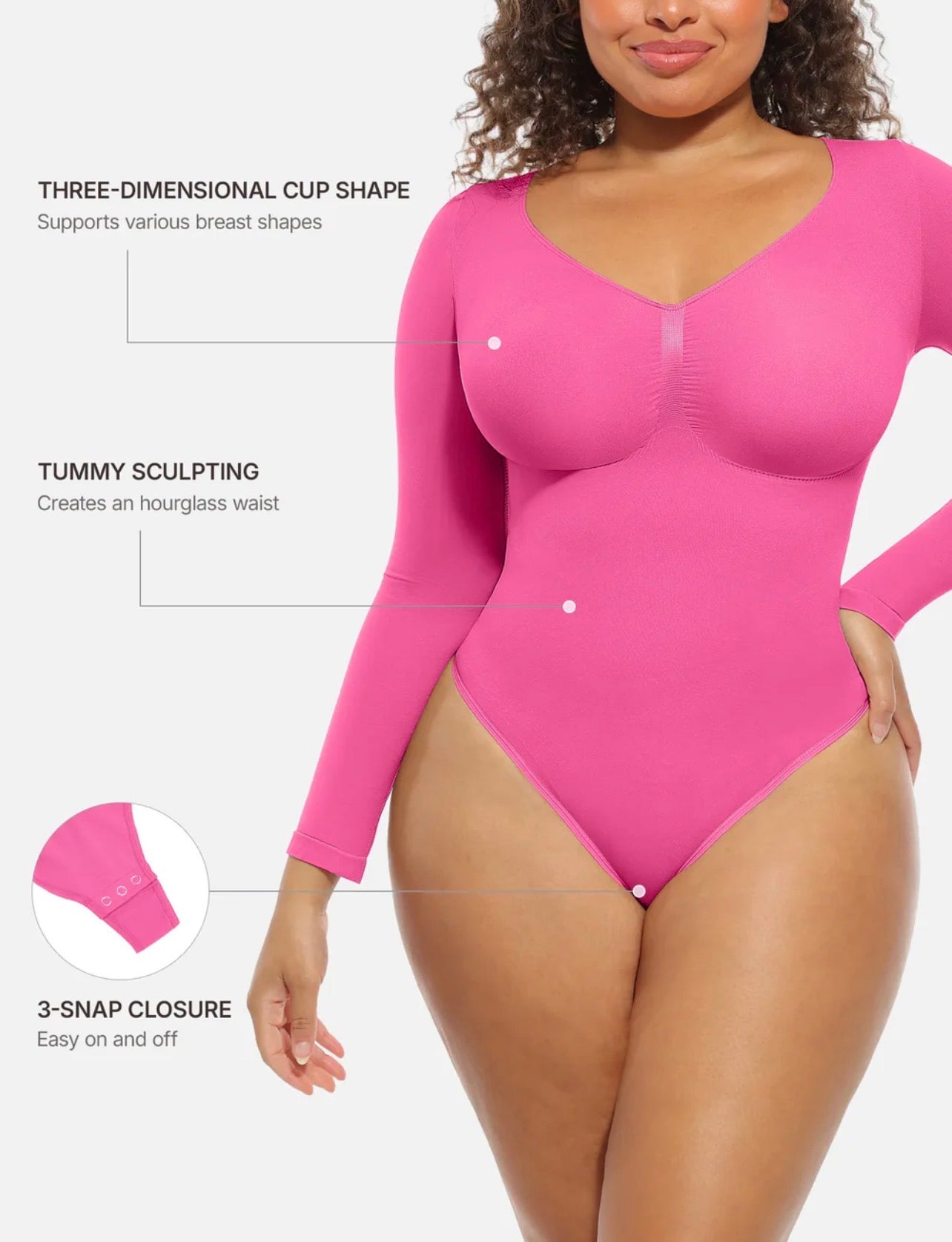 Body By Essence™ Seamless Long Sleeve Sculpting Bodysuit – V-Neck Tummy Control Shapewear Bodysuit