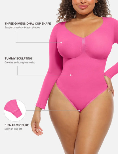 Body By Essence™ Seamless Long Sleeve Sculpting Bodysuit – V-Neck Tummy Control Shapewear Bodysuit