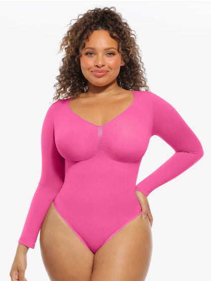 Body By Essence™ Seamless Long Sleeve Sculpting Bodysuit – V-Neck Tummy Control Shapewear Bodysuit