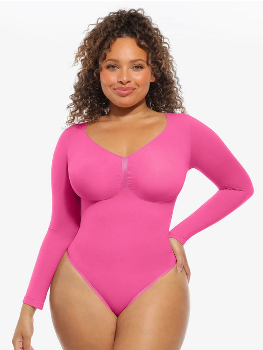 Body By Essence™ Seamless Long Sleeve Sculpting Bodysuit – V-Neck Tummy Control Shapewear Bodysuit