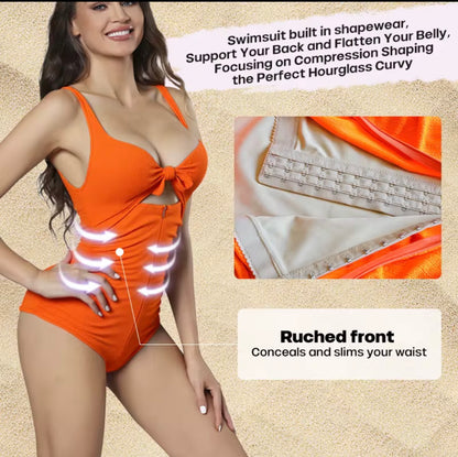 Orange Tummy Control One-Piece Swimsuit – Sculpting Beach Bodysuit with Waist Snatching Fit