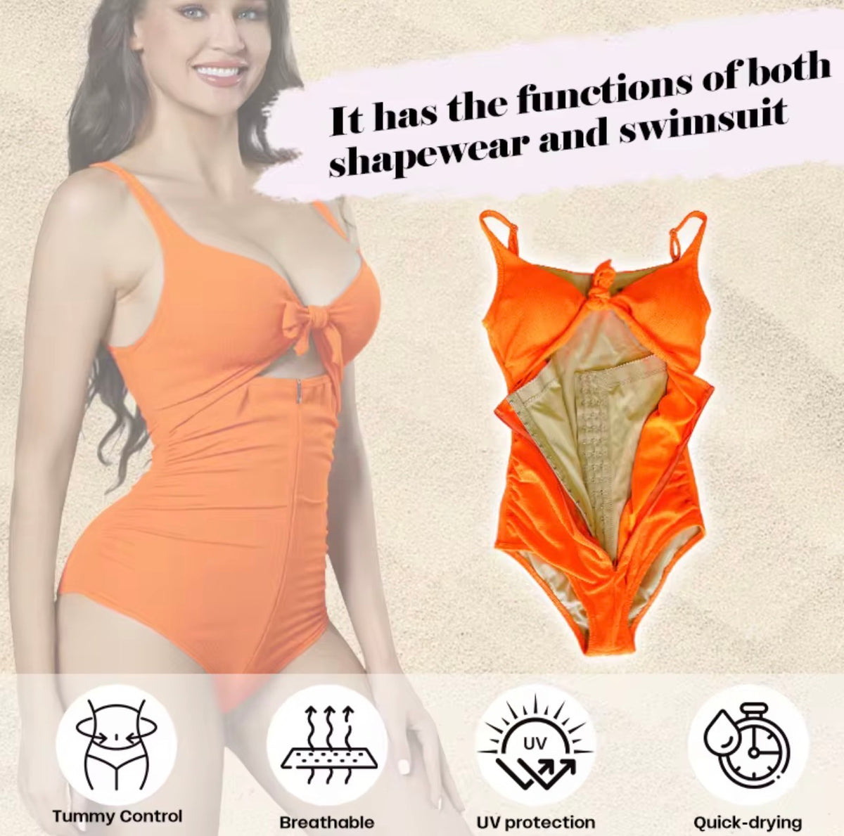 Orange Tummy Control One-Piece Swimsuit – Sculpting Beach Bodysuit with Waist Snatching Fit