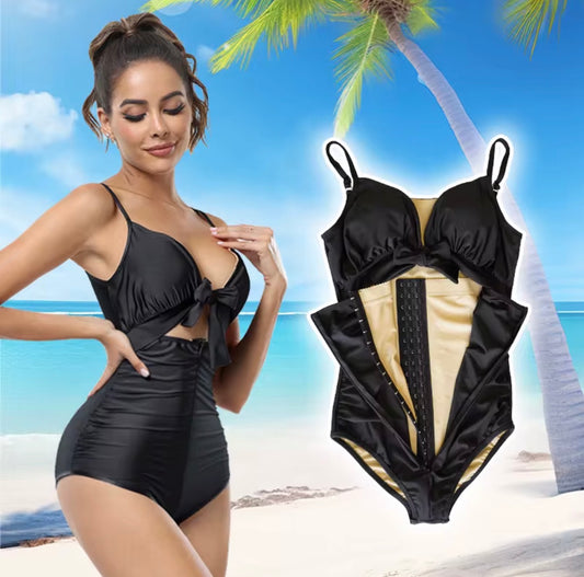 Black Tummy Control One-Piece Swimsuit – Sculpting V-Neck Waist Snatching Swim Bodysuit